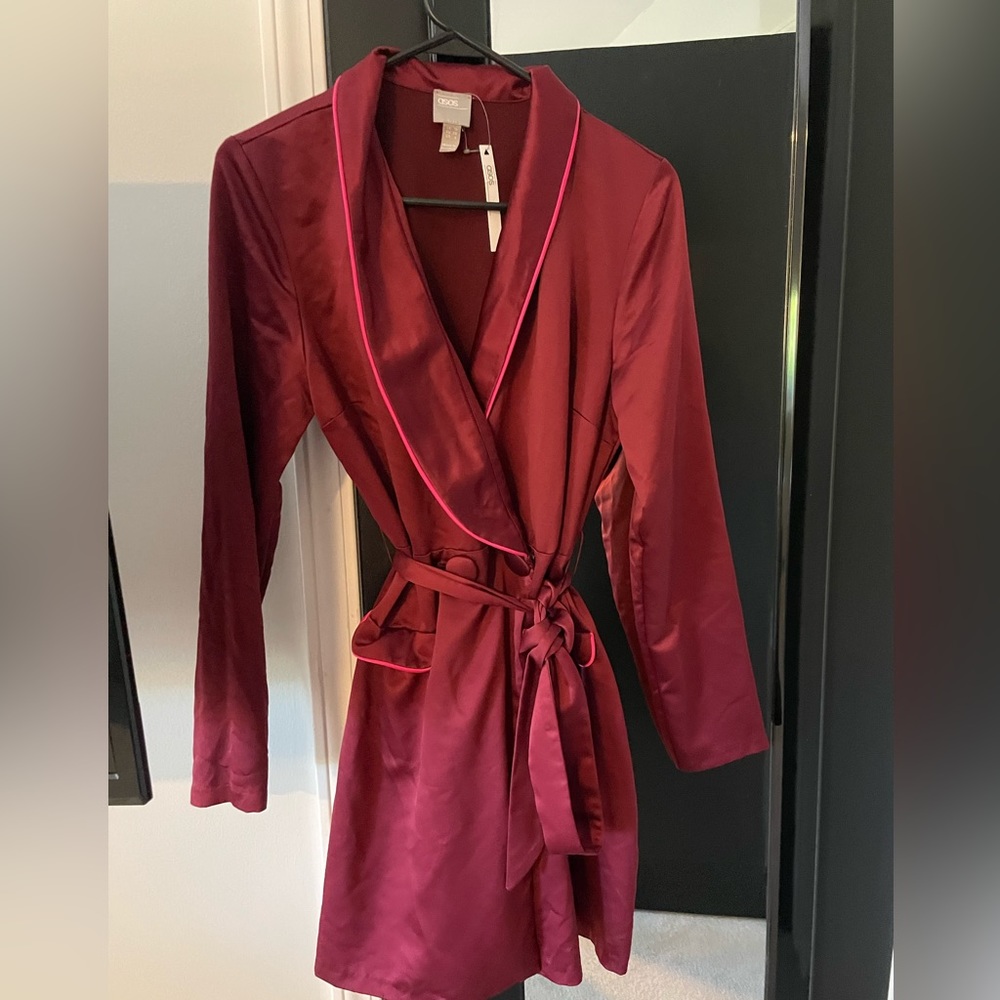 Tux dress, satin, burgundy with pink piping. Asos. Size 6.